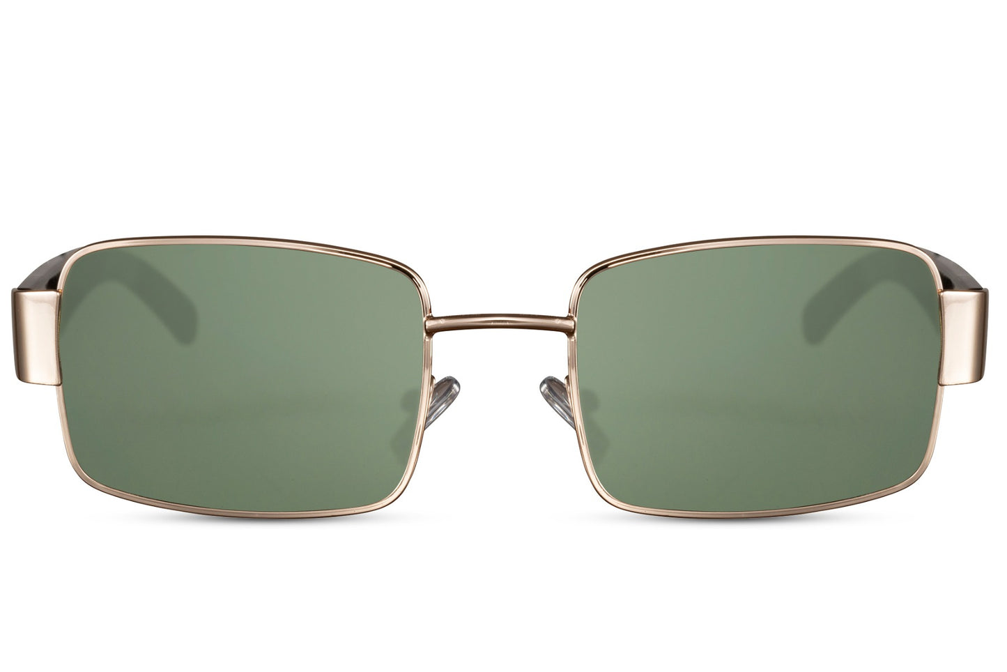 Vintage metal frame rectangle sunglasses with gold frame and green lenses by Sunglass Station, unisex eyewear with lightweight design and UV protection, available with free shipping across the UK and Europe