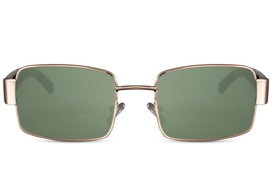 Vintage metal frame rectangle sunglasses with gold frame and green lenses by Sunglass Station, unisex eyewear with lightweight design and UV protection, available with free shipping across the UK and Europe