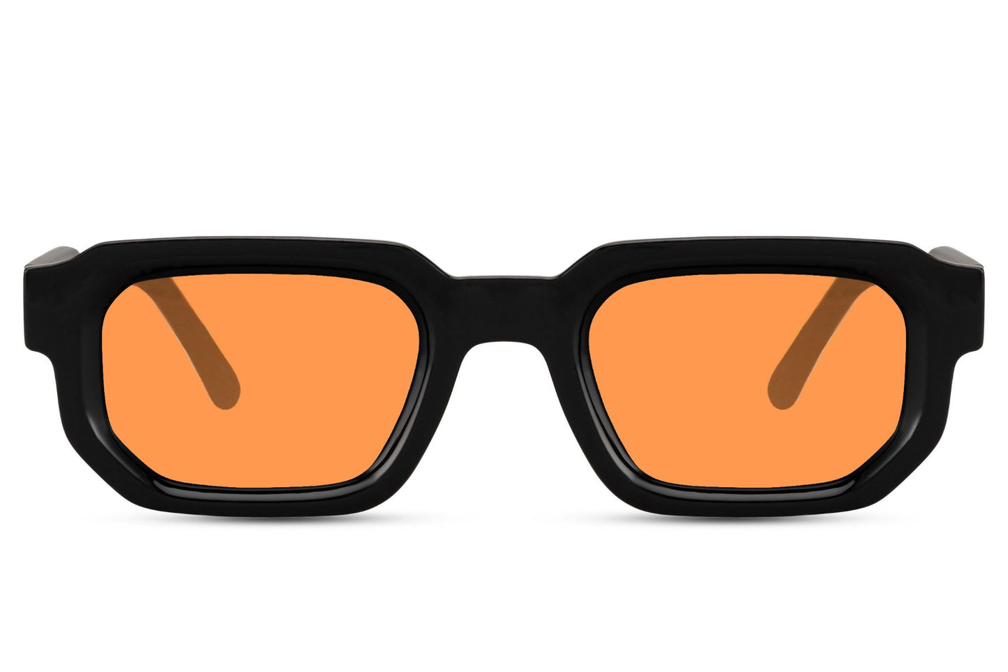 Sleek rectangle sunglasses with orange lenses by Sunglass Station, bold unisex eyewear inspired by retro and Y2K fashion trends