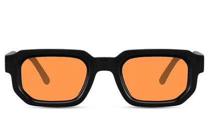 Sleek rectangle sunglasses with orange lenses by Sunglass Station, bold unisex eyewear inspired by retro and Y2K fashion trends