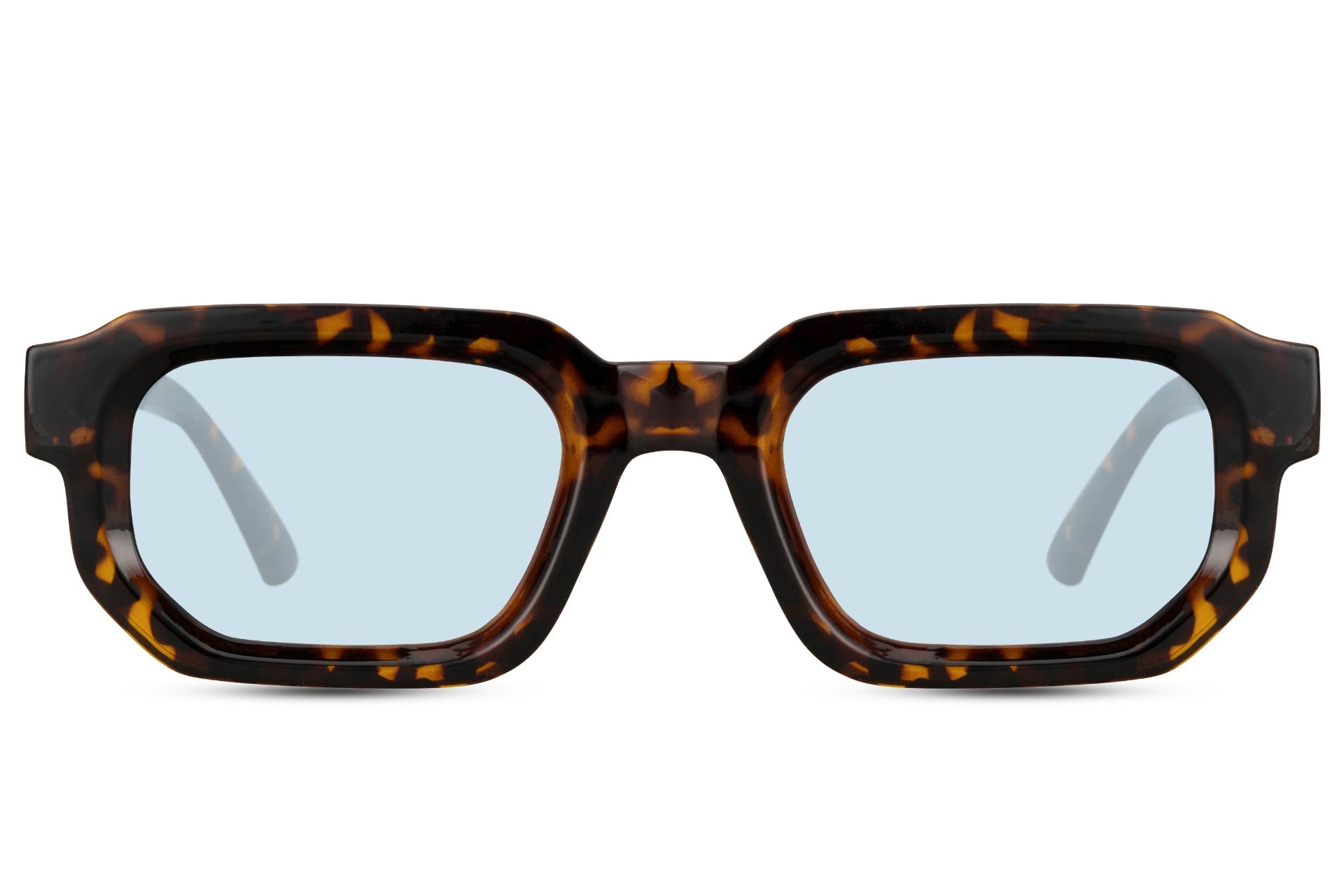 Sleek vintage rectangle sunglasses with tortoiseshell frame and blue lenses by Sunglass Station, stylish unisex eyewear with a refined look