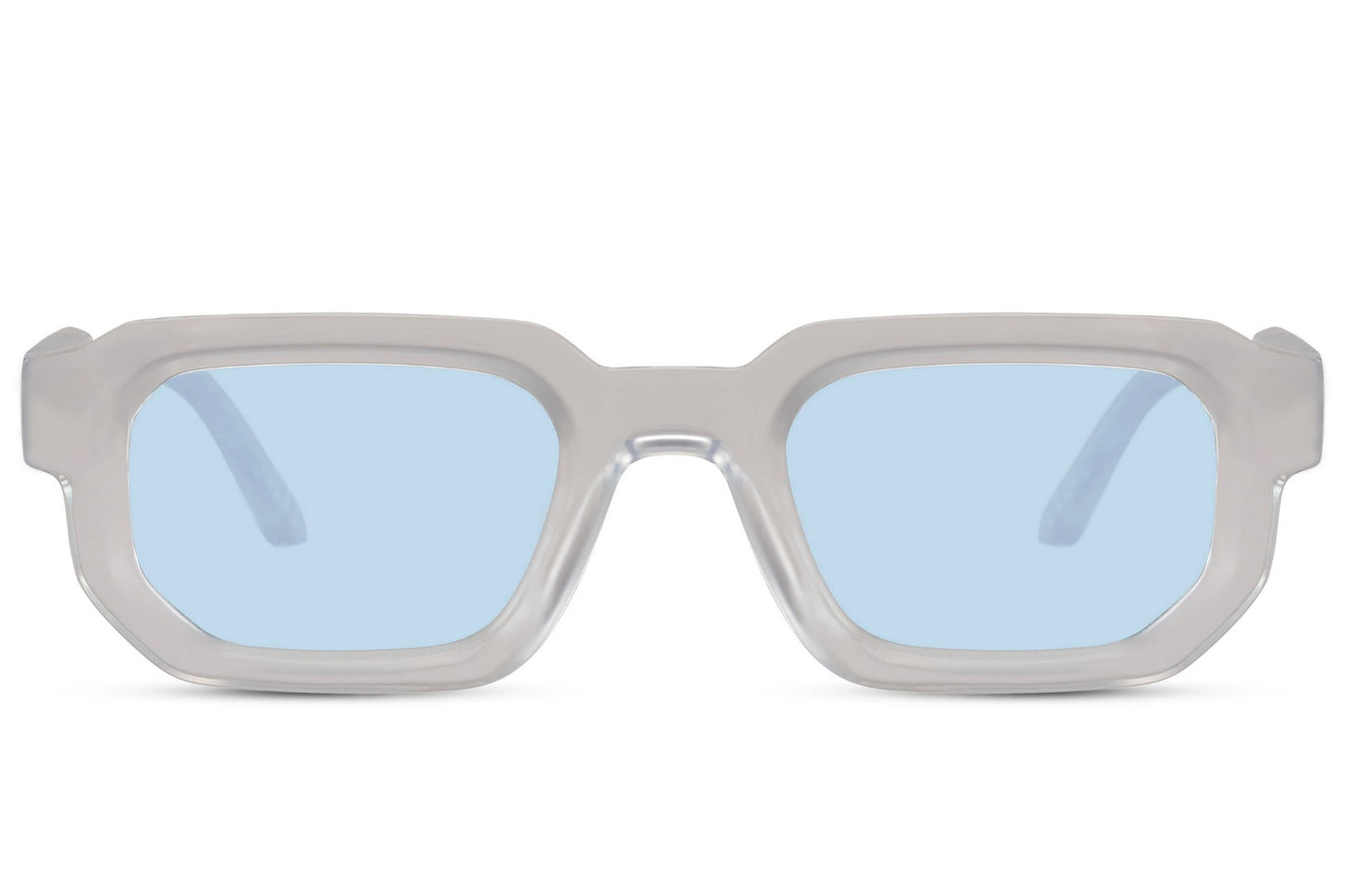 Rectangle sunglasses with transparent frame and blue lenses by Sunglass Station, lightweight eyewear with a clean and modern aesthetic