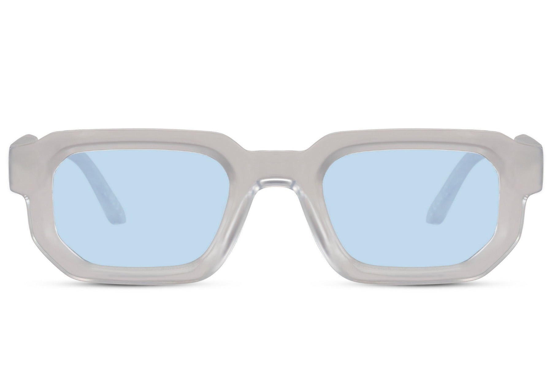 Rectangle sunglasses with transparent frame and blue lenses by Sunglass Station, lightweight eyewear with a clean and modern aesthetic