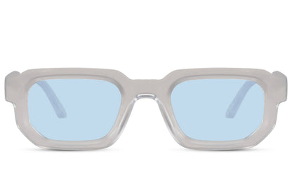 Rectangle sunglasses with transparent frame and blue lenses by Sunglass Station, lightweight eyewear with a clean and modern aesthetic