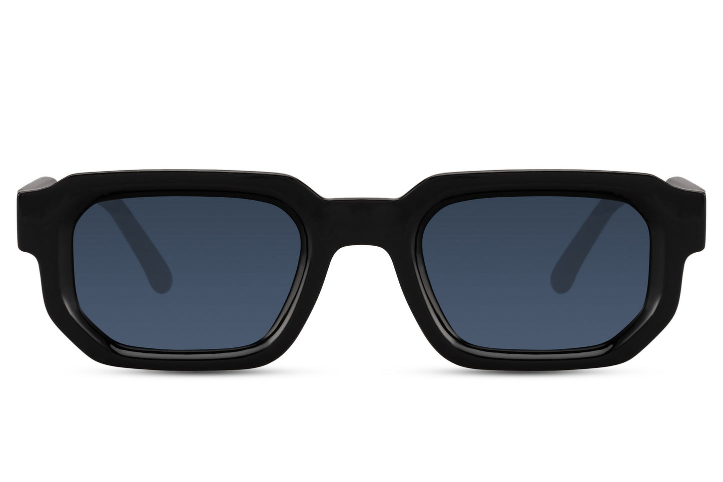 Vintage sleek rectangle sunglasses with black frame and blue lenses by Sunglass Station, unisex eyewear with a modern Y2K-inspired look, available online with free shipping across the UK and Europe