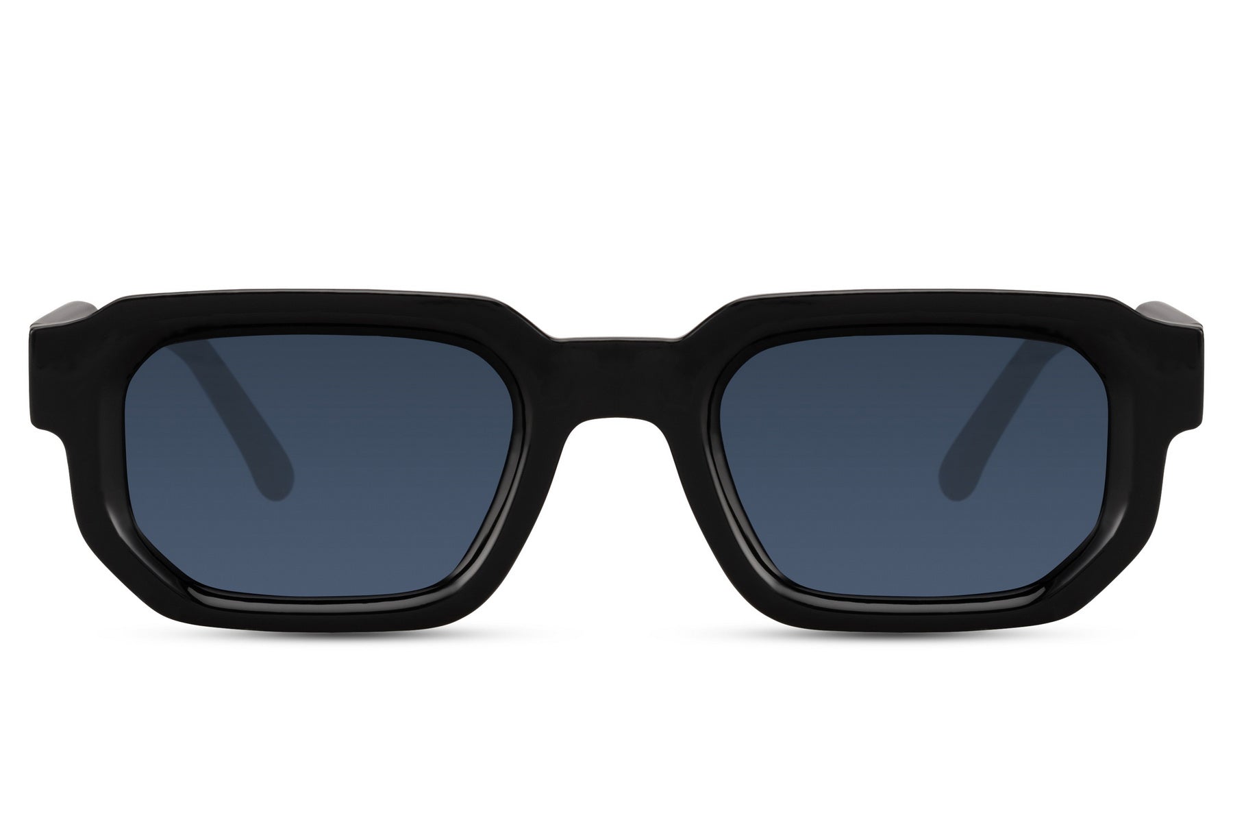 Vintage sleek rectangle sunglasses with black frame and blue lenses by Sunglass Station, unisex eyewear with a modern Y2K-inspired look, available online with free shipping across the UK and Europe