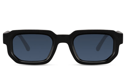 Vintage sleek rectangle sunglasses with black frame and blue lenses by Sunglass Station, unisex eyewear with a modern Y2K-inspired look, available online with free shipping across the UK and Europe