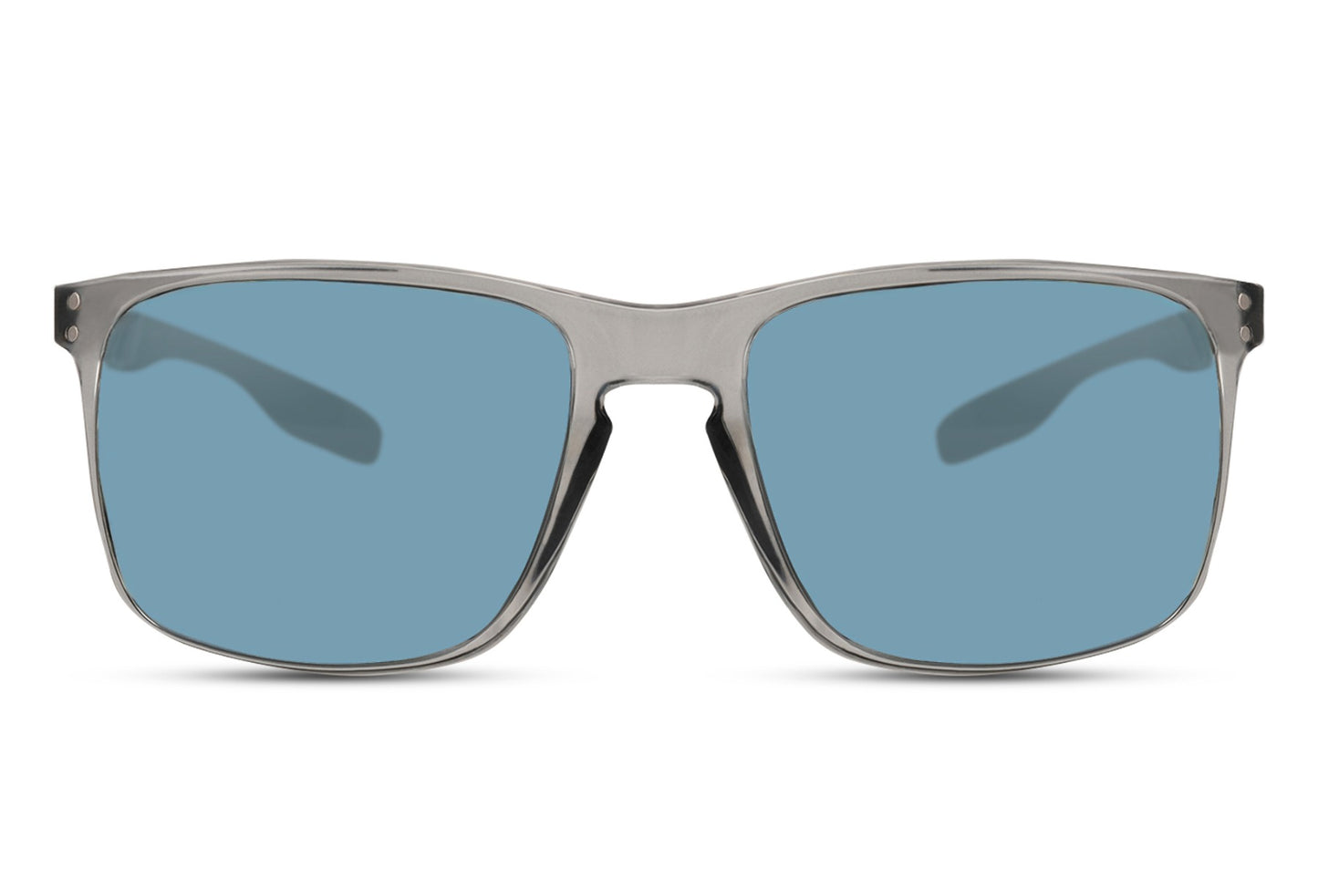 A pair of mirrored wayfarer sunglasses with a black and gray frame, featuring blue mirrored lenses.