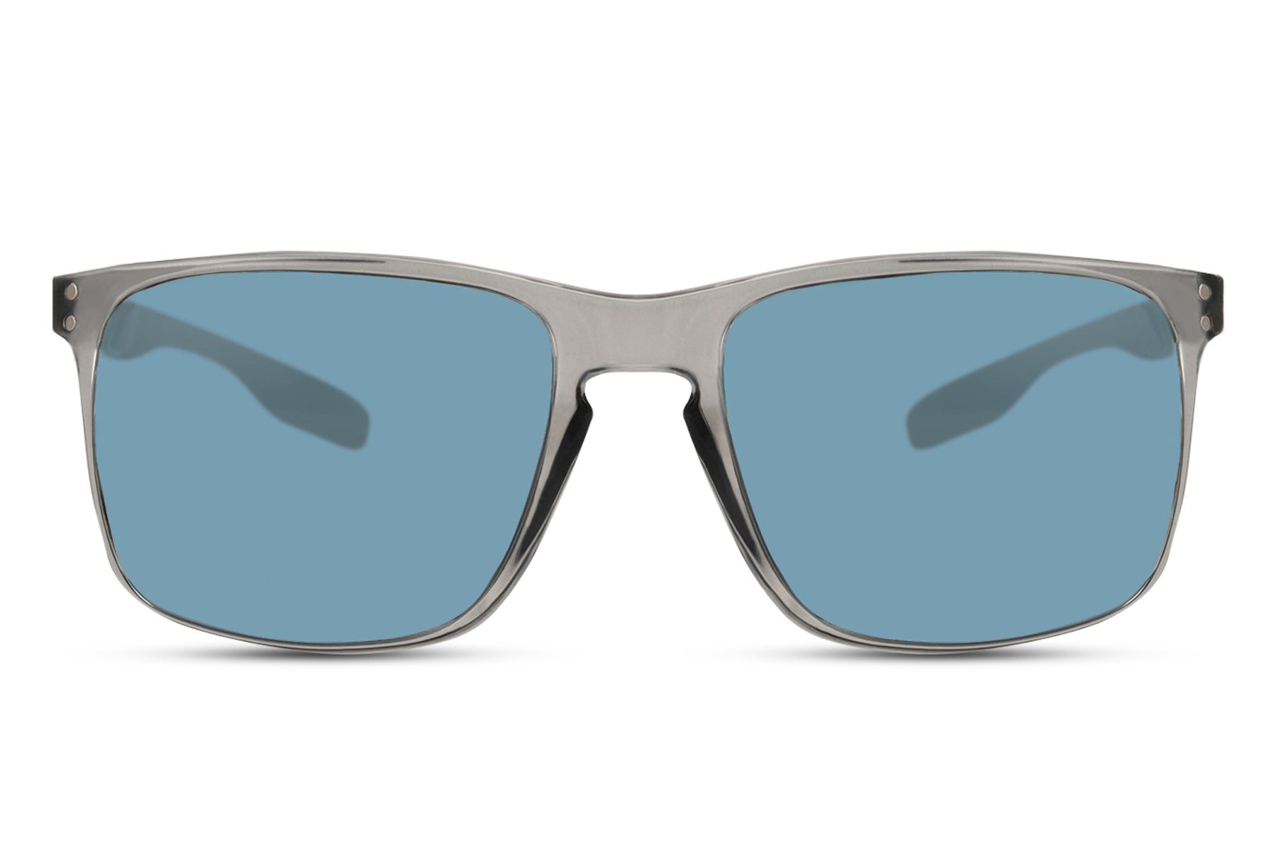 A pair of mirrored wayfarer sunglasses with a black and gray frame, featuring blue mirrored lenses.