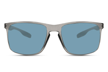 A pair of mirrored wayfarer sunglasses with a black and gray frame, featuring blue mirrored lenses.