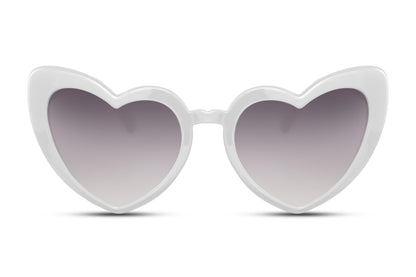 White heart shape sunglasses with soft tinted lenses and lightweight frame