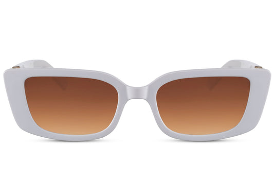 White rectangle sunglasses with white frame and brown gradient lenses by Sunglass Station, unisex eyewear with UV protection and a bold minimal design, available online with free shipping across the UK and Europe