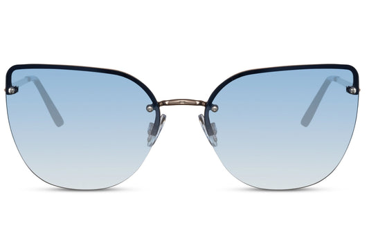 Women’s cat eye sunglasses with blue tinted lenses and metal frame offering UV protection and lightweight comfort