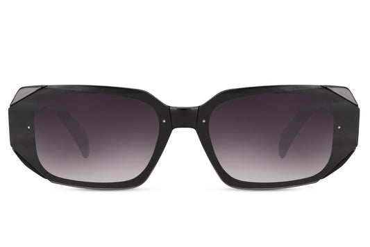 Y2K chunky rectangle sunglasses with black frame and dark gradient lenses by Sunglass Station, bold unisex statement eyewear inspired by retro 2000s fashion, available online with free shipping across the UK and Europe