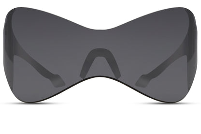Futuristic oversized shield sunglasses with dark grey lens and sleek visor design, modern Y2K sunglasses for streetwear, cycling and outdoor activities