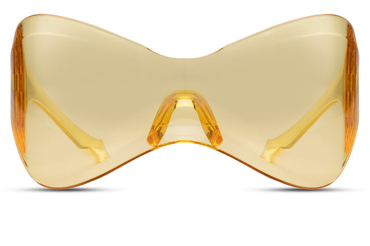 Y2K oversized shield sunglasses with yellow tinted visor lens, futuristic statement eyewear for men and women perfect for festivals, streetwear and summer fashion