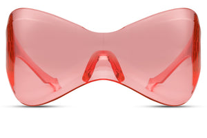 Y2K shield sunglasses with pink tinted lens and bold futuristic frame, trendy oversized sunglasses for festival outfits and fashion forward styling