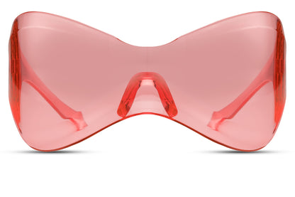 Y2K shield sunglasses with pink tinted lens and bold futuristic frame, trendy oversized sunglasses for festival outfits and fashion forward styling