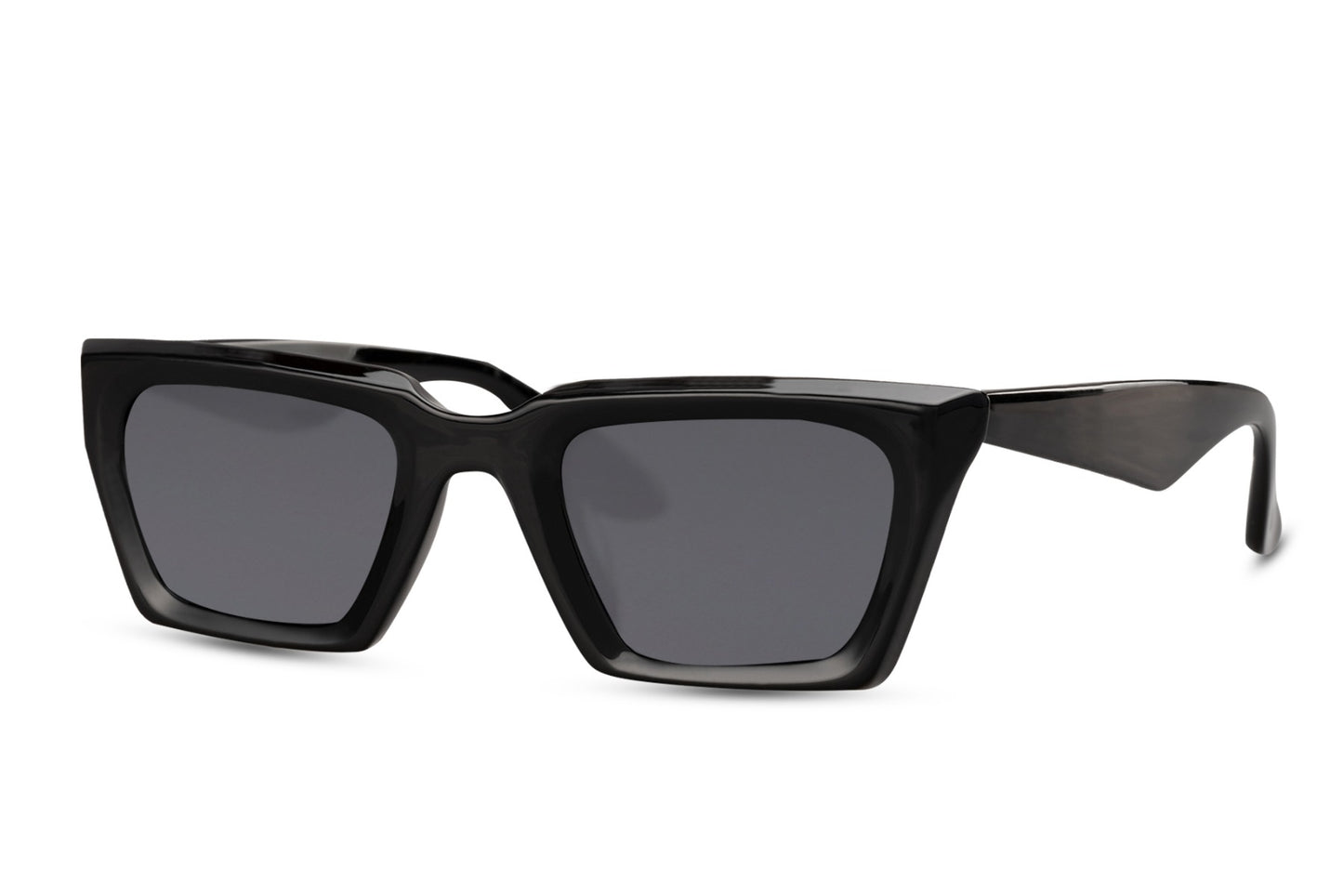 Slim Y2K cat eye sunglasses in black with narrow angular frame, perfect for minimalist streetwear and contemporary outfits