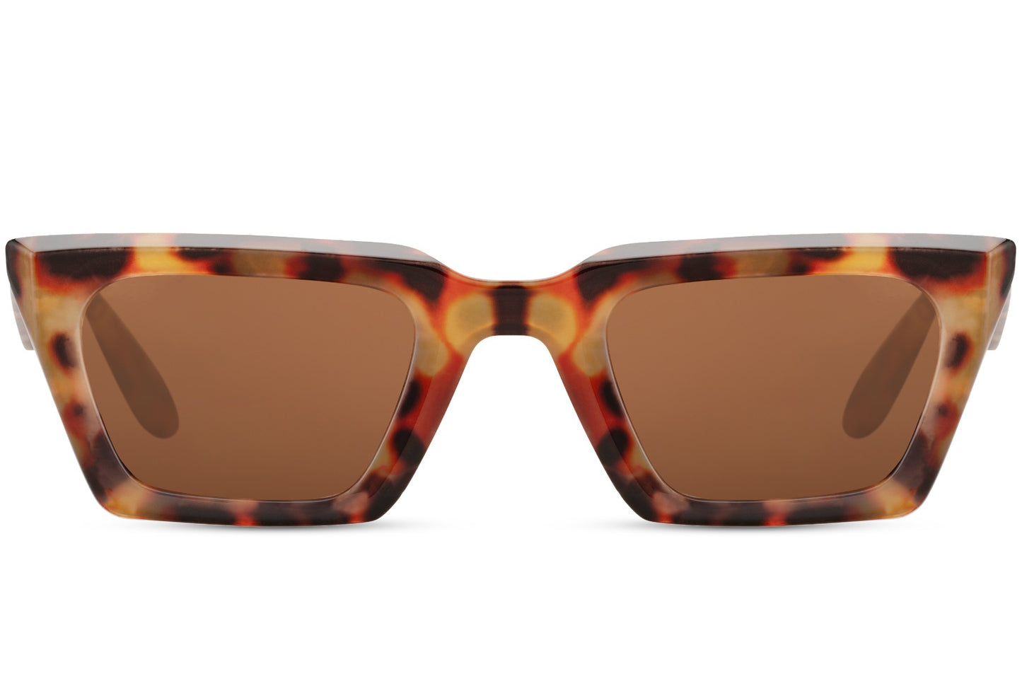 Y2K tortoiseshell cat eye sunglasses with bold patterned frame and tinted lenses, combining retro influence with modern edge