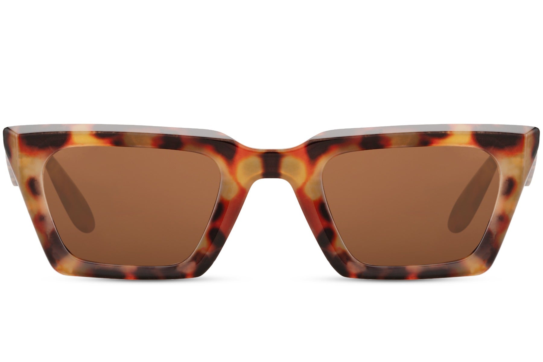 Y2K tortoiseshell cat eye sunglasses with bold patterned frame and tinted lenses, combining retro influence with modern edge