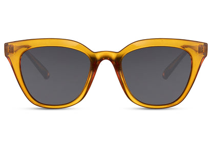 Modern cat eye sunglasses with yellow frame and soft edges, combining subtle structure with a playful fashion-forward touch