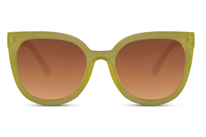 Cat eye sunglasses with yellow frame and tinted lenses in oversized design