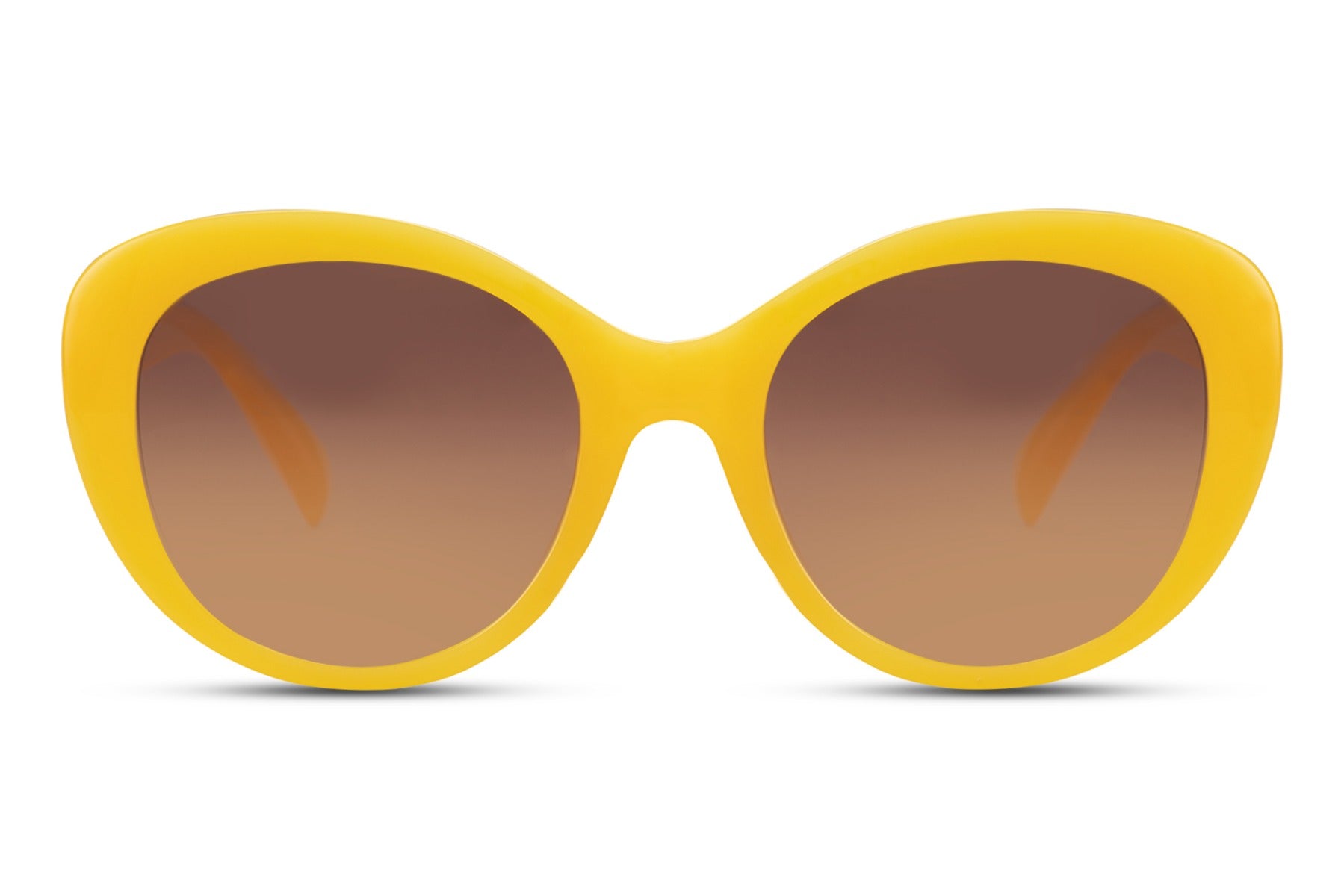 Yellow cat eye sunglasses with tinted lenses and bold oversized frame