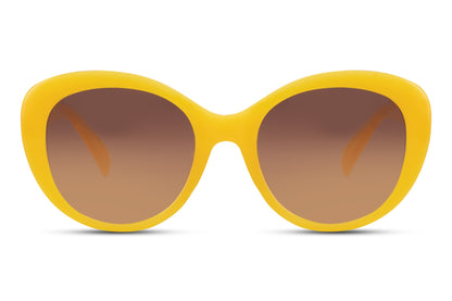 Yellow cat eye sunglasses with tinted lenses and bold oversized frame