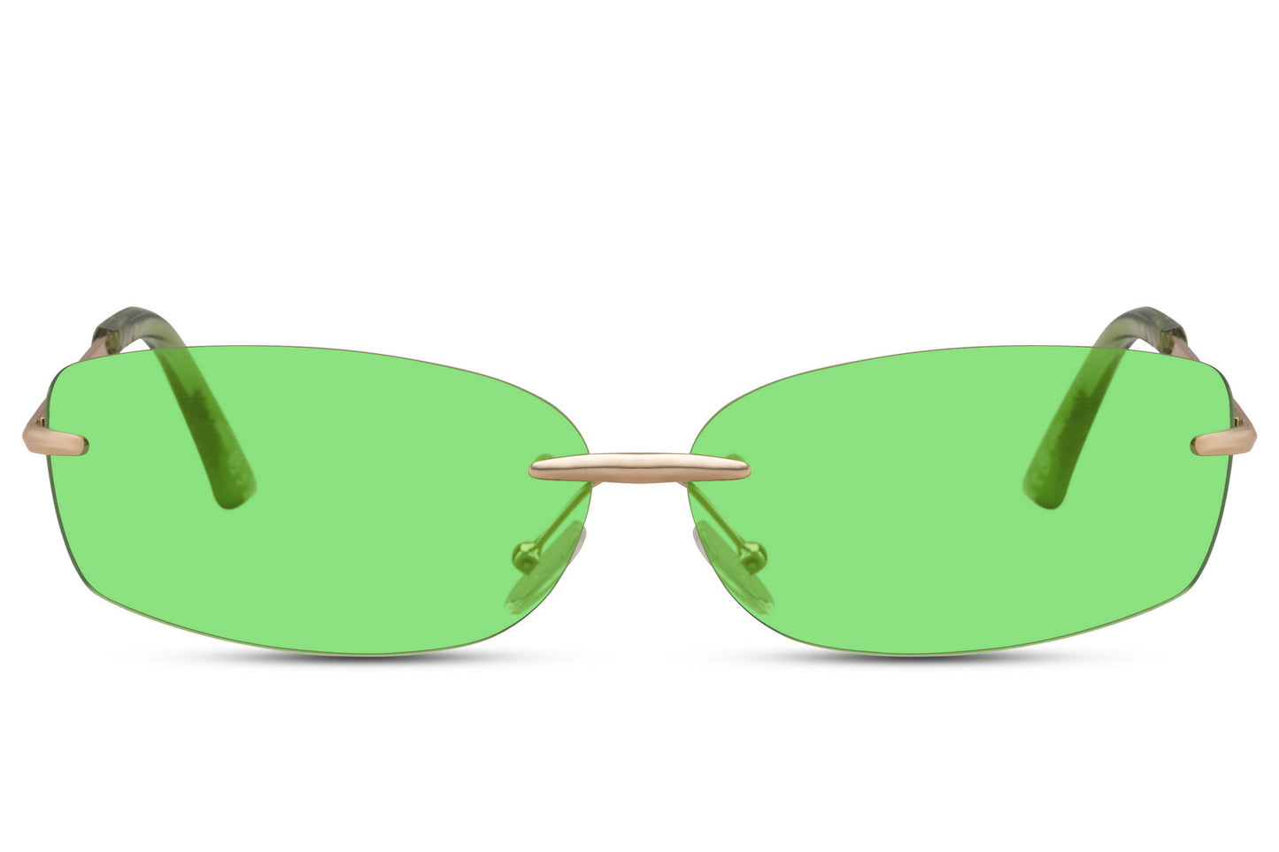 Thin frame rimless rectangle sunglasses with gold metal frame and lime green UV protection lens – bold statement Y2K frameless retro shades for festivals and going out, Sunglass Station free UK and Europe delivery