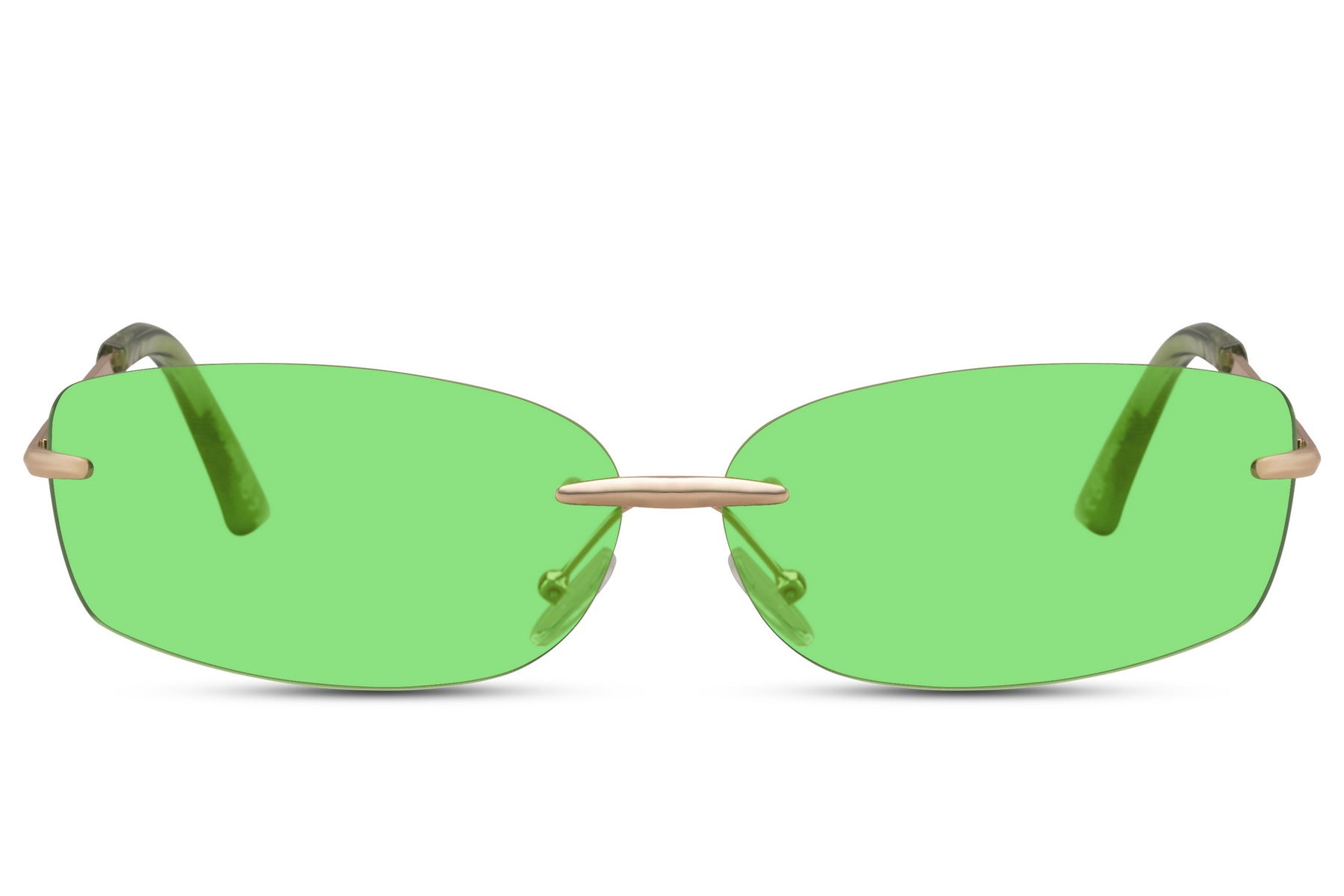 Thin frame rimless rectangle sunglasses with gold metal frame and lime green UV protection lens – bold statement Y2K frameless retro shades for festivals and going out, Sunglass Station free UK and Europe delivery
