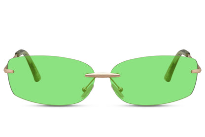 Thin frame rimless rectangle sunglasses with gold metal frame and lime green UV protection lens – bold statement Y2K frameless retro shades for festivals and going out, Sunglass Station free UK and Europe delivery