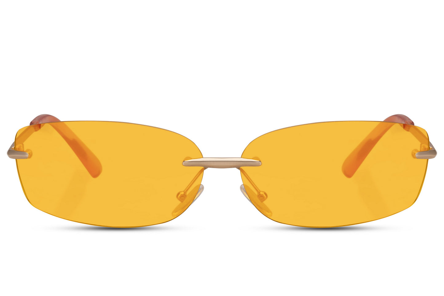 Thin frame rimless rectangle sunglasses with gold metal frame and orange amber UV protection lens – bold Y2K frameless retro shades for festivals and going out, Sunglass Station free UK and Europe shipping