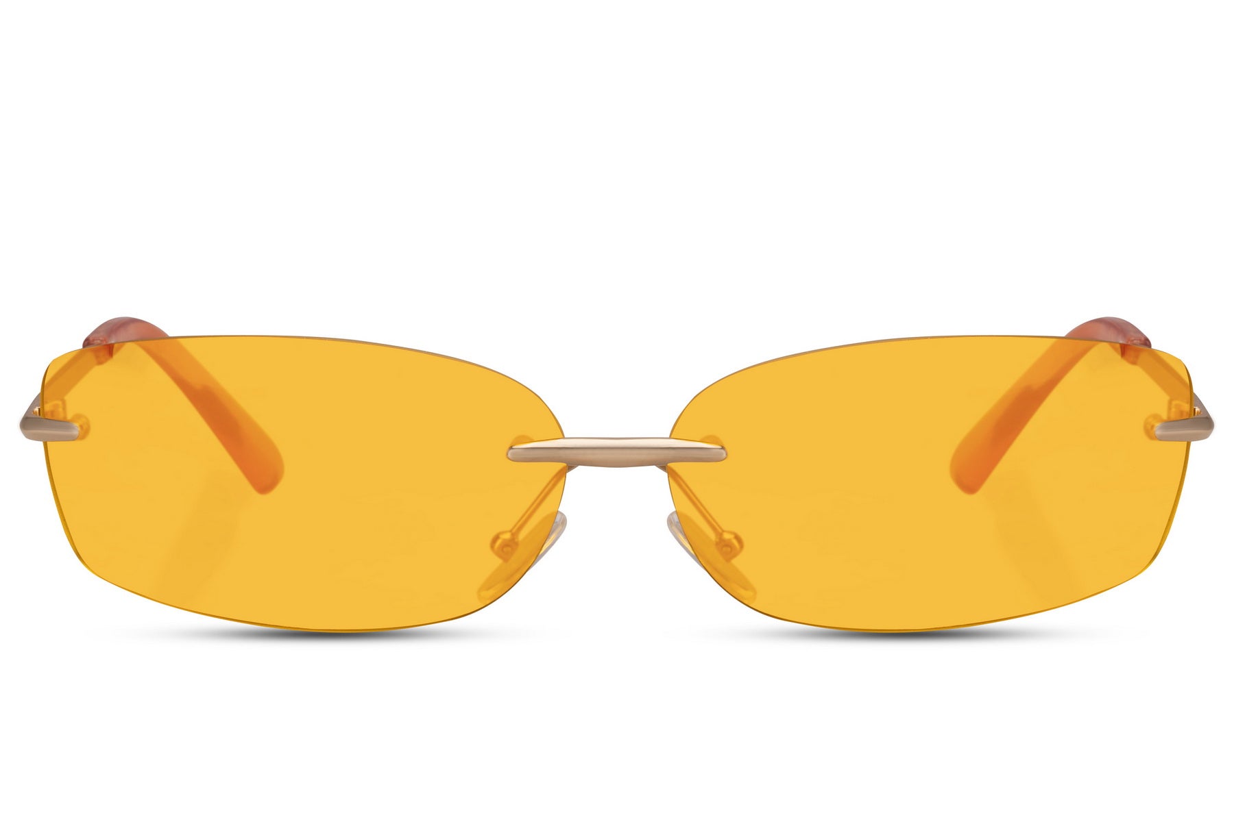 Thin frame rimless rectangle sunglasses with gold metal frame and orange amber UV protection lens – bold Y2K frameless retro shades for festivals and going out, Sunglass Station free UK and Europe shipping