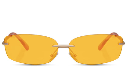 Thin frame rimless rectangle sunglasses with gold metal frame and orange amber UV protection lens – bold Y2K frameless retro shades for festivals and going out, Sunglass Station free UK and Europe shipping