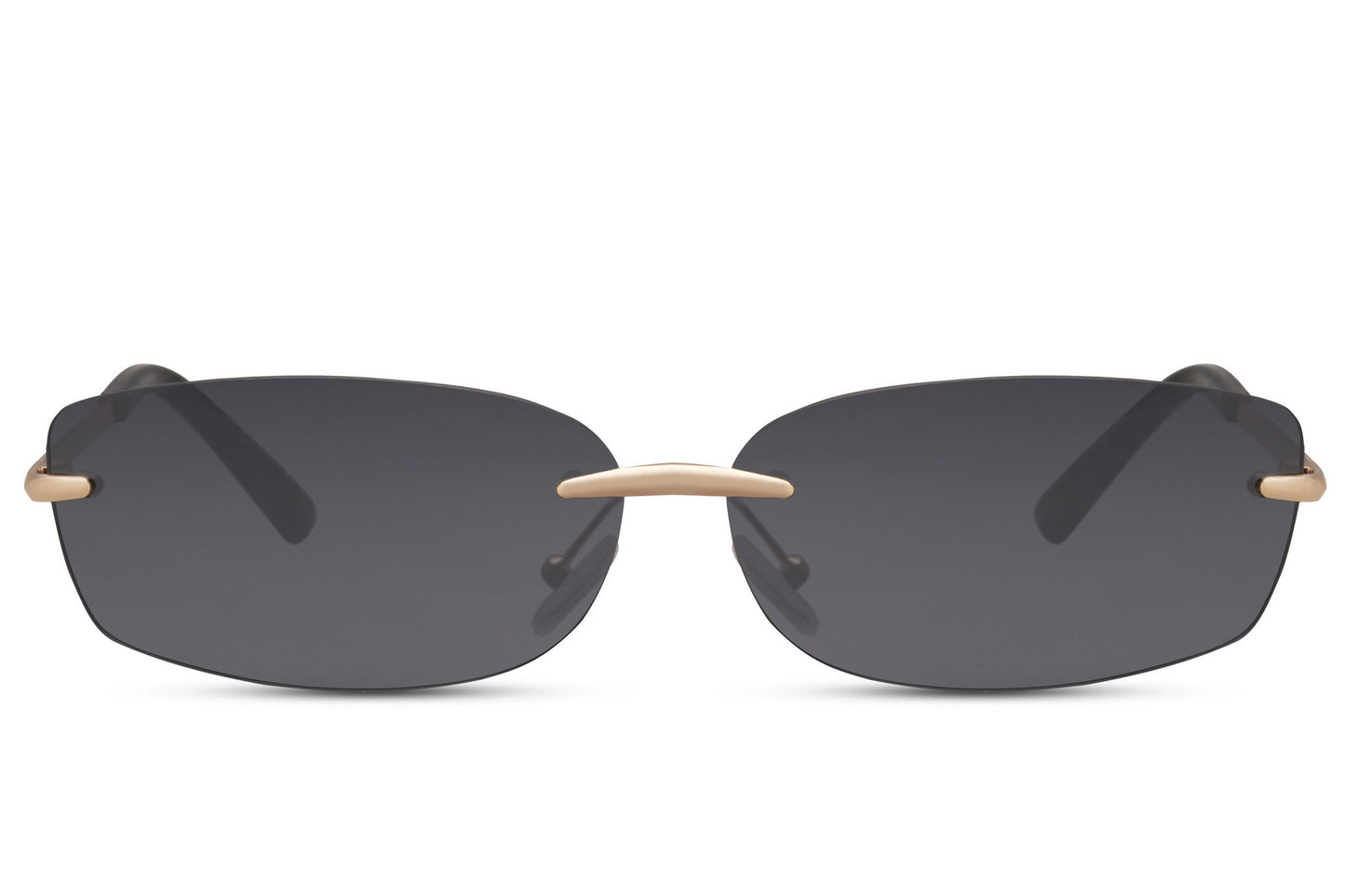 Thin frame rimless rectangle sunglasses with gold metal frame and smoke grey UV protection lens – lightweight frameless retro shades for everyday city wear and travel, free delivery across UK and Europe from Sunglass Station