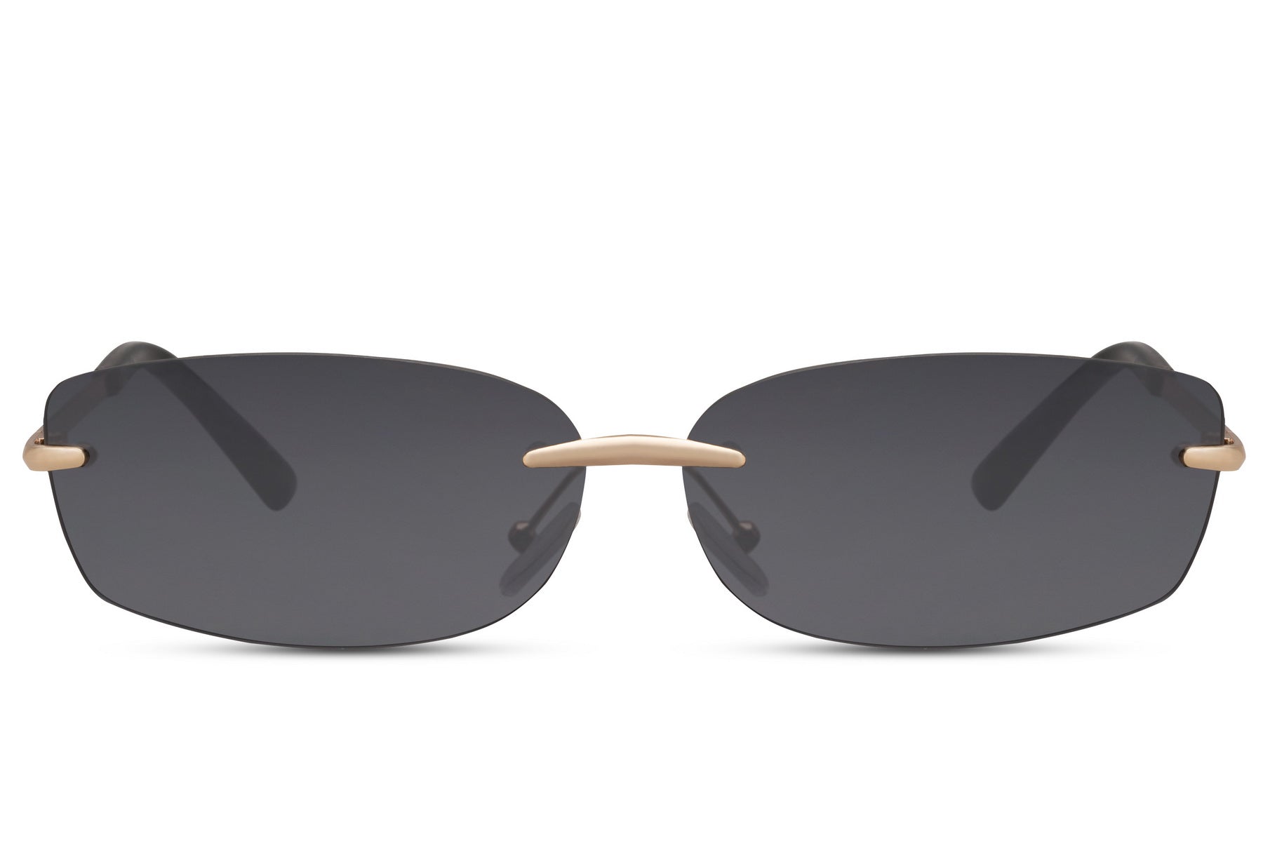 Thin frame rimless rectangle sunglasses with gold metal frame and smoke grey UV protection lens – lightweight frameless retro shades for everyday city wear and travel, free delivery across UK and Europe from Sunglass Station