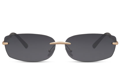 Thin frame rimless rectangle sunglasses with gold metal frame and smoke grey UV protection lens – lightweight frameless retro shades for everyday city wear and travel, free delivery across UK and Europe from Sunglass Station