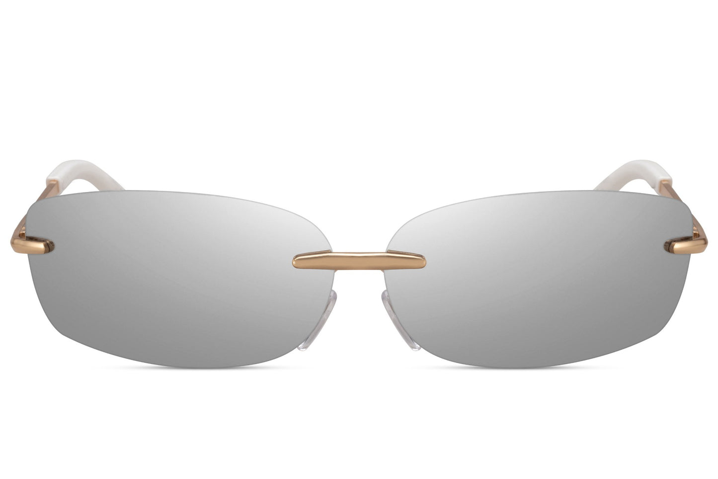 Thin frame rimless rectangle sunglasses with silver white metal frame and mirror silver UV protection lens – sleek minimalist frameless retro shades for city wear and summer holidays, free delivery across UK and Europe from Sunglass Station