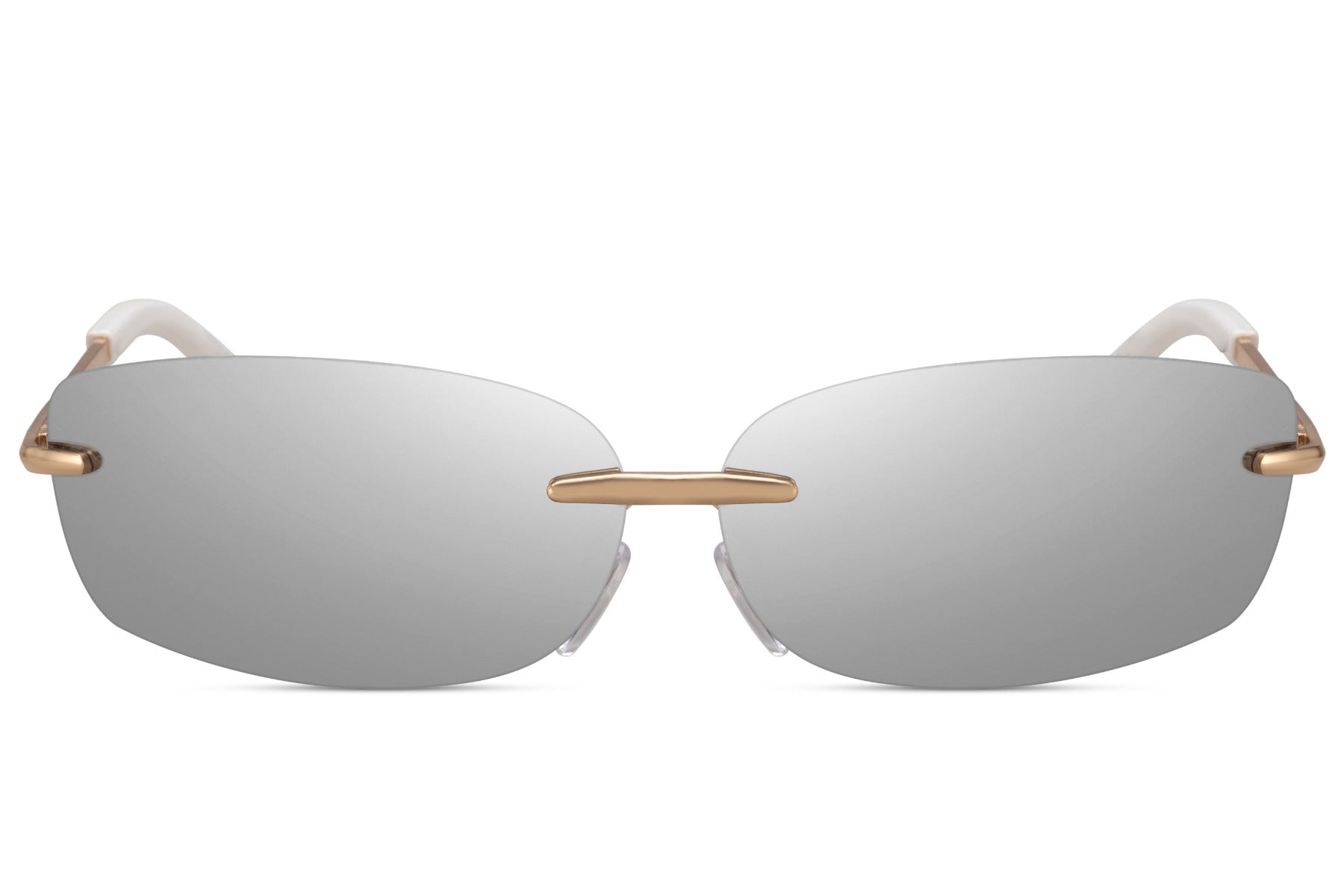 Thin frame rimless rectangle sunglasses with silver white metal frame and mirror silver UV protection lens – sleek minimalist frameless retro shades for city wear and summer holidays, free delivery across UK and Europe from Sunglass Station