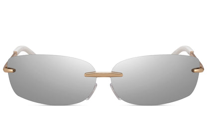 Thin frame rimless rectangle sunglasses with silver white metal frame and mirror silver UV protection lens – sleek minimalist frameless retro shades for city wear and summer holidays, free delivery across UK and Europe from Sunglass Station