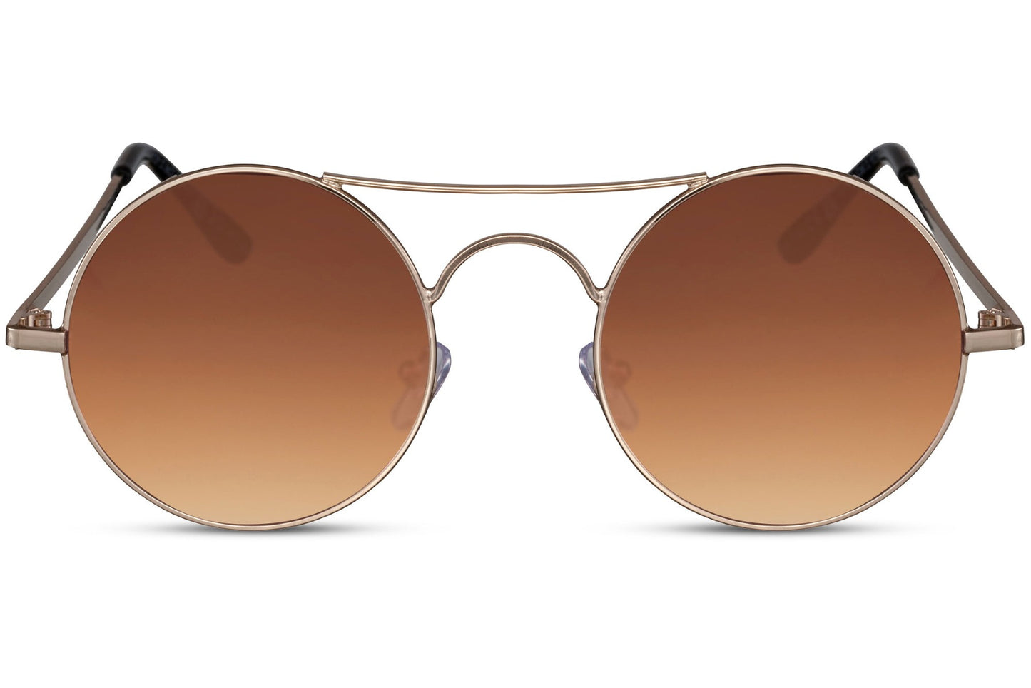 Tinted metal round sunglasses gold metal frame warm brown amber translucent lens 100% UV400 protection men women elegant retro vintage summer city holiday brunch beach free UK Europe shipping Sunglass Station