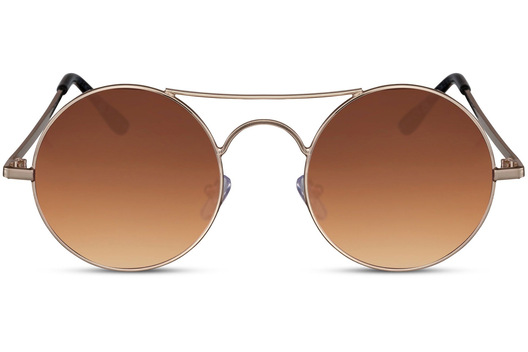 Tinted metal round sunglasses gold metal frame warm brown amber translucent lens 100% UV400 protection men women elegant retro vintage summer city holiday brunch beach free UK Europe shipping Sunglass Station
