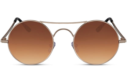 Tinted metal round sunglasses gold metal frame warm brown amber translucent lens 100% UV400 protection men women elegant retro vintage summer city holiday brunch beach free UK Europe shipping Sunglass Station