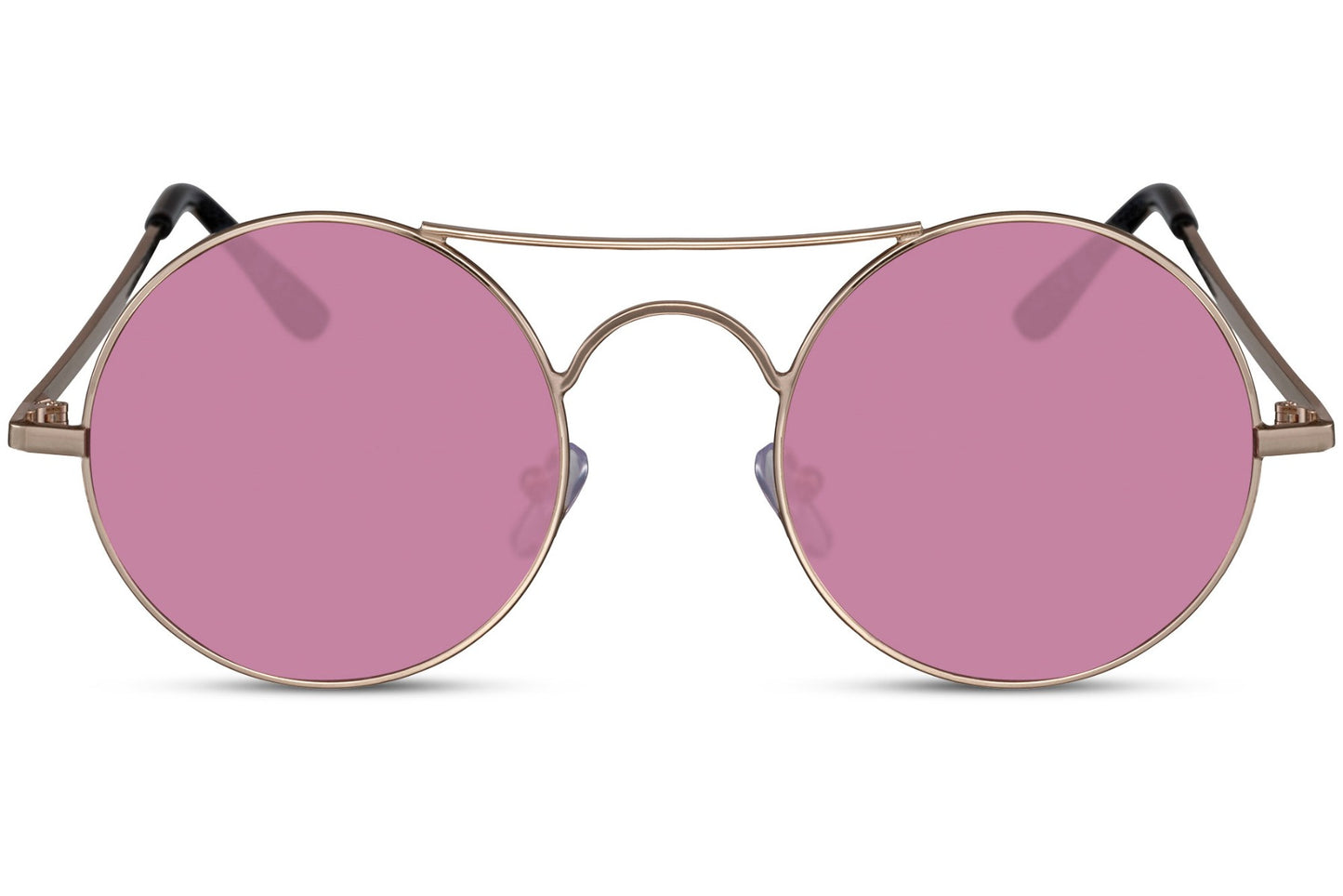 Tinted metal round sunglasses gold metal frame pink rose translucent lens 100% UV400 protection women bold feminine retro summer festival city beach brunch eyewear free UK Europe delivery Sunglass Station