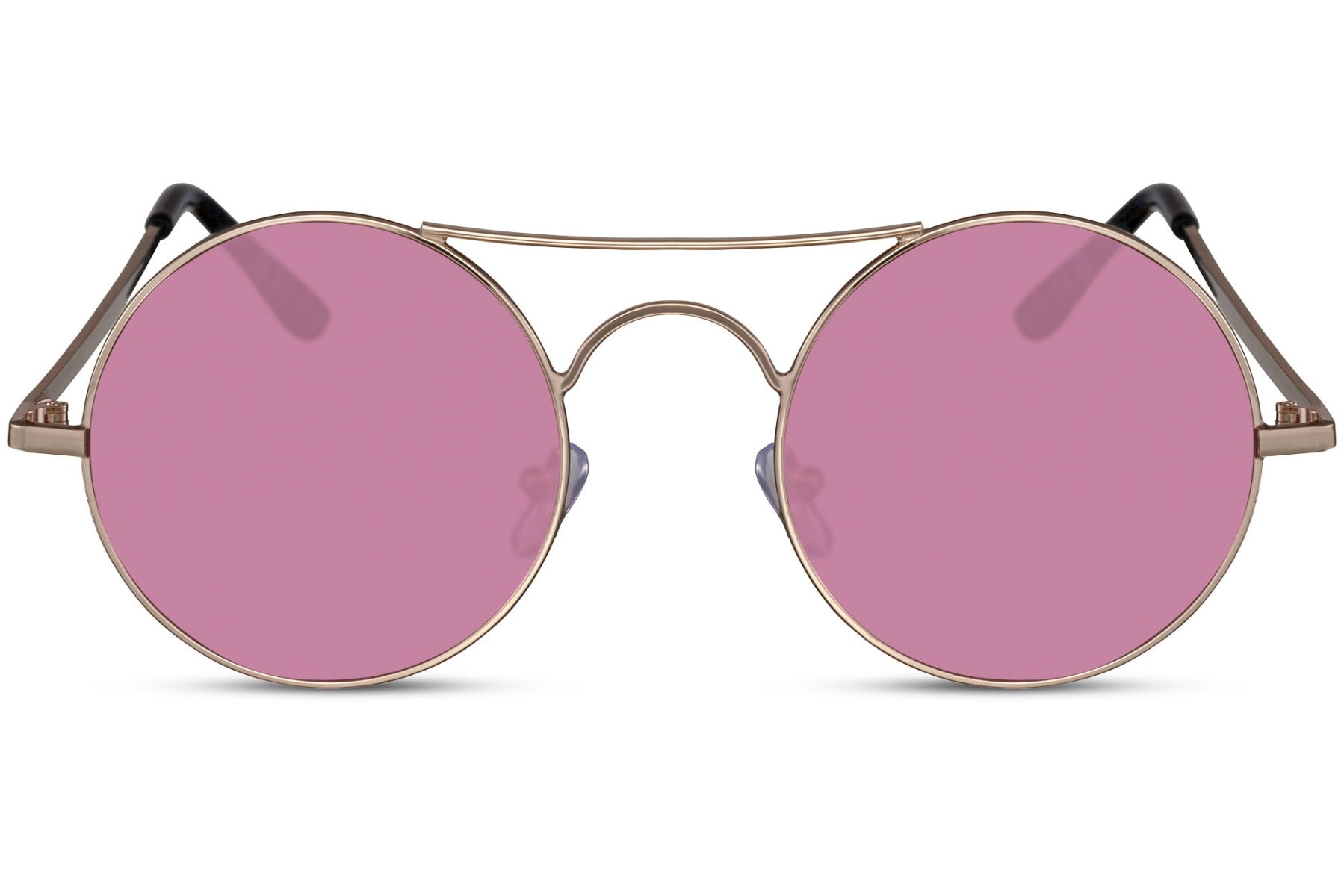Tinted metal round sunglasses gold metal frame pink rose translucent lens 100% UV400 protection women bold feminine retro summer festival city beach brunch eyewear free UK Europe delivery Sunglass Station