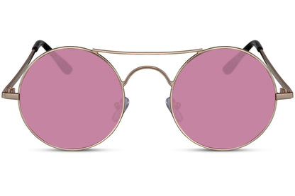 Tinted metal round sunglasses gold metal frame pink rose translucent lens 100% UV400 protection women bold feminine retro summer festival city beach brunch eyewear free UK Europe delivery Sunglass Station