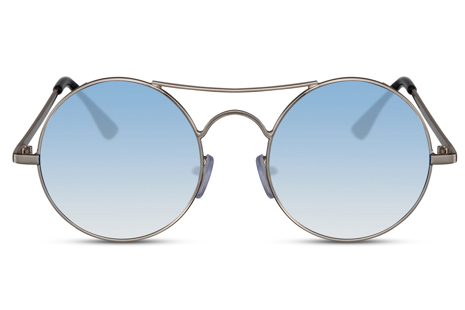 Tinted metal round sunglasses silver metal frame blue sky translucent lens 100% UV400 protection men women retro vintage summer city beach festival free UK Europe delivery Sunglass Station