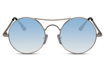 Tinted metal round sunglasses silver metal frame blue sky translucent lens 100% UV400 protection men women retro vintage summer city beach festival free UK Europe delivery Sunglass Station