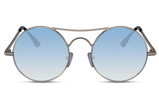 Tinted metal round sunglasses silver metal frame blue sky translucent lens 100% UV400 protection men women retro vintage summer city beach festival free UK Europe delivery Sunglass Station